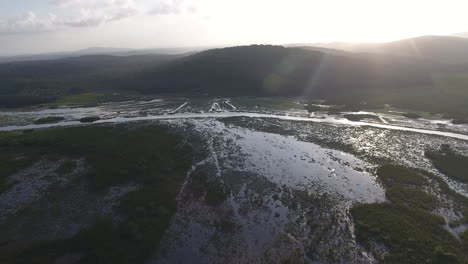 Sunset-over-Kaw-swamp-natural-reserve-in-French-Guiana.-Wetlands-drone-view